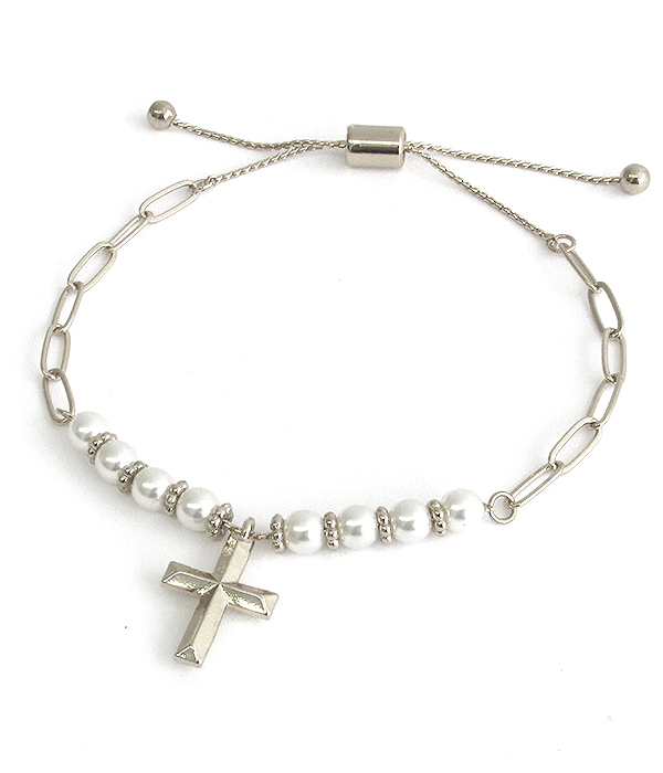 Cross charm and pearl mix pull tie bracelet