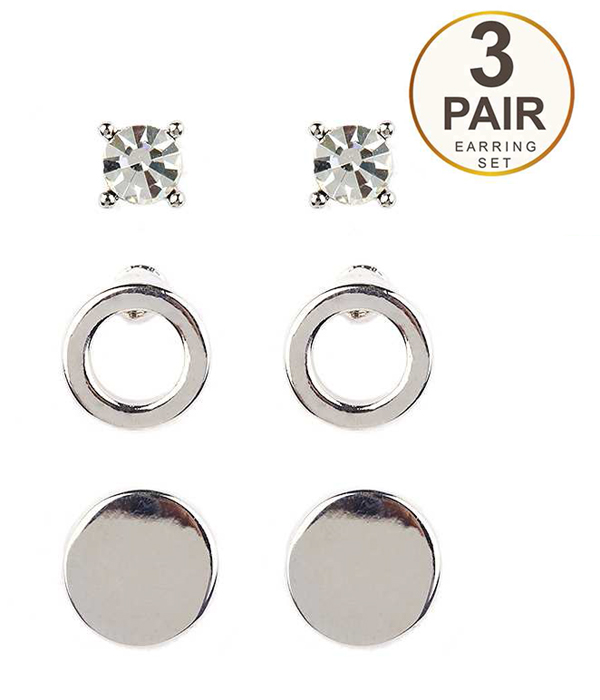 Crystal and simple metal disk 3 pair earring set