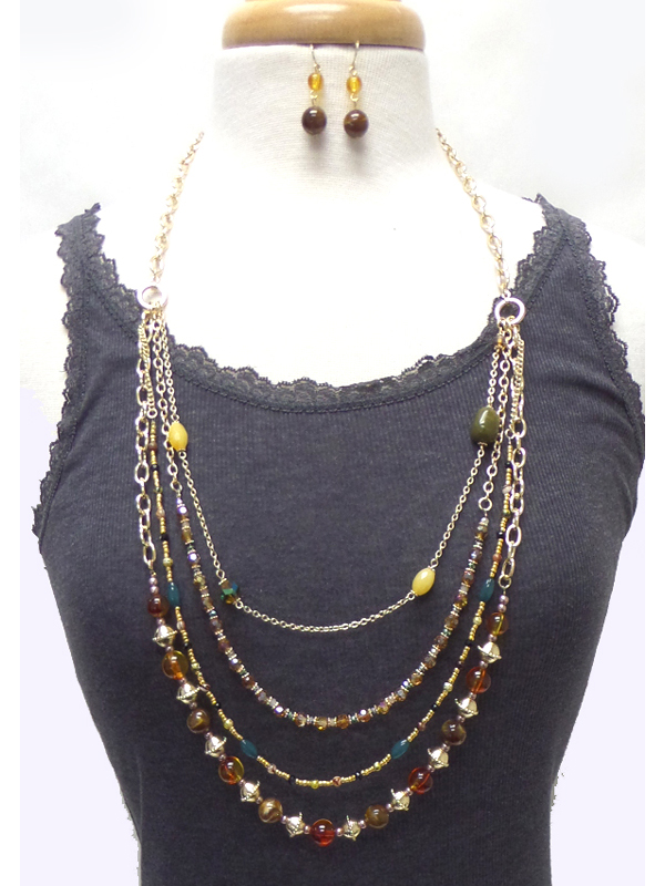 Four layer multi beads chain necklace set 