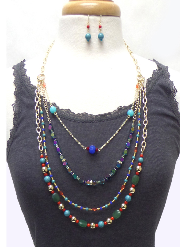 Four layer multi beads chain necklace set 