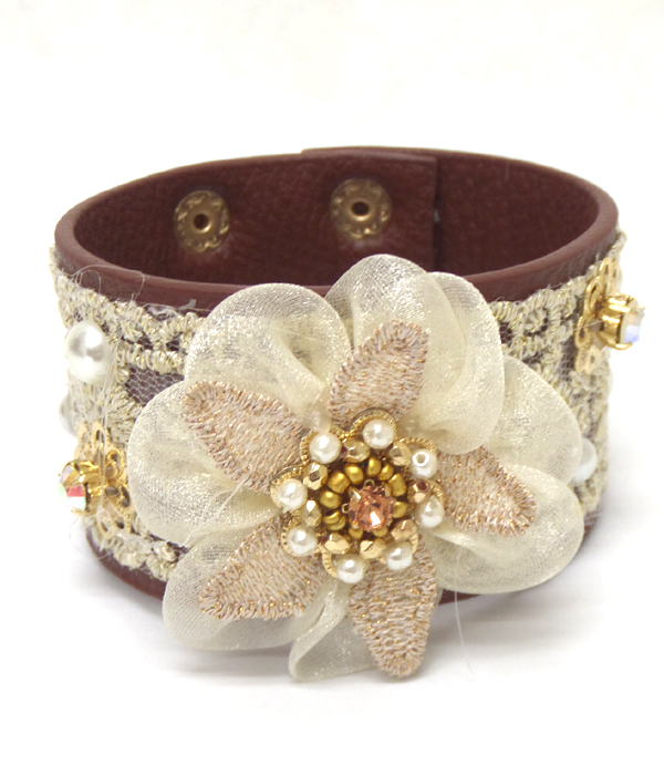 Pearl and bead lace flower and leatherette band bracelet