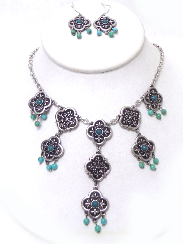 Turquoise center multi quatrefoil drop necklace set