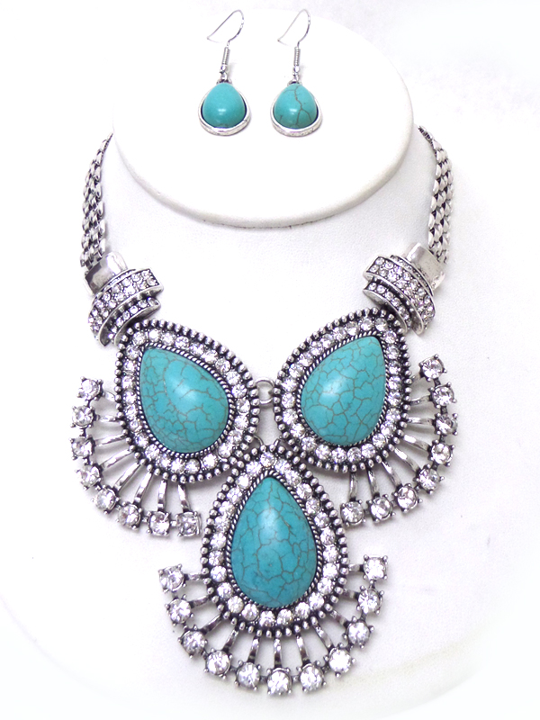 Multi crystal and teardrop turquoise statement necklace set