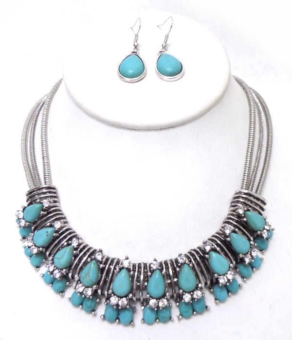 Crystal and turquoise three layered snake chain necklace set