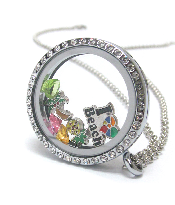 Origami style floating charm round locket pendant necklace - i love beach palm tree