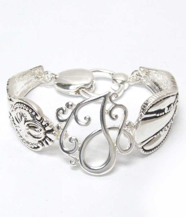 Initial monogram utensil textured metal magnetic bracelet - j