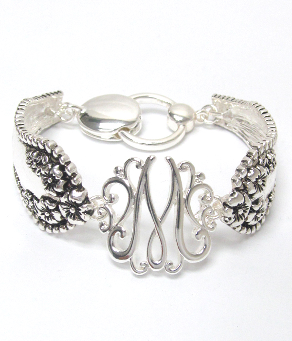 Initial monogram utensil textured metal magnetic bracelet - m