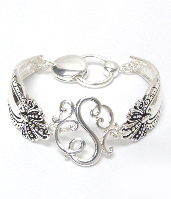Initial monogram utensil textured metal magnetic bracelet - s