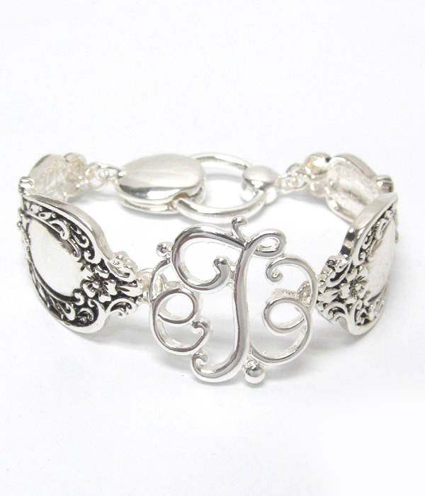 Initial monogram utensil textured metal magnetic bracelet - t