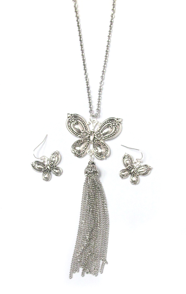 Utensil spoon textured and chain tassel drop long necklace set - butterfly