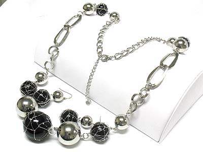 Metal wire wrapped ball and metal hoop link long neckalce and earring set - hoops