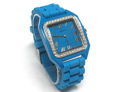 CRYSTAL SQUARE FACE RUBBER BAND WATCH