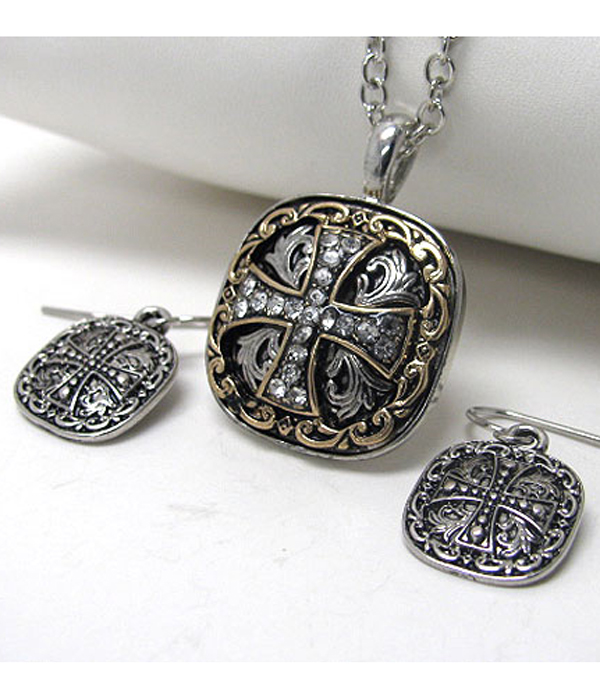 Crystal stud cross on metal art pendant necklace earring set