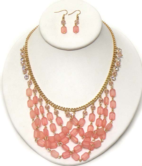 MULTI ACRYLIC STONE DROP AND CRYSTAL SIDE BIB NECKLACE EARRING SET