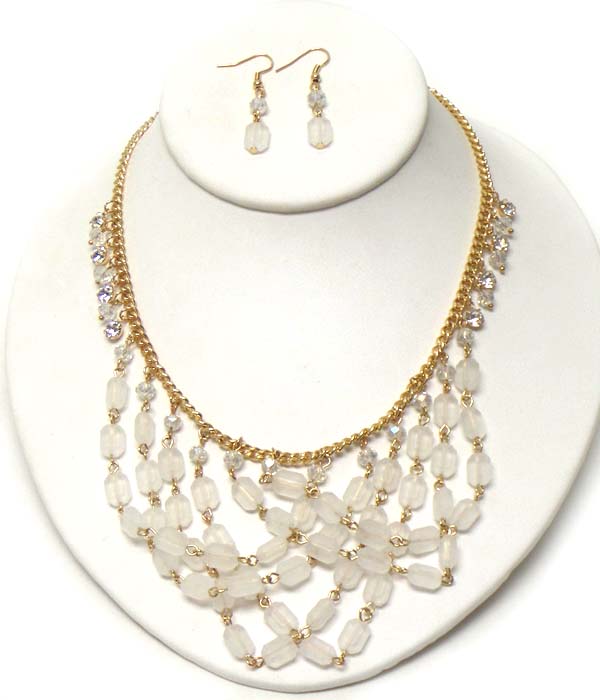 MULTI ACRYLIC STONE DROP AND CRYSTAL SIDE BIB NECKLACE EARRING SET