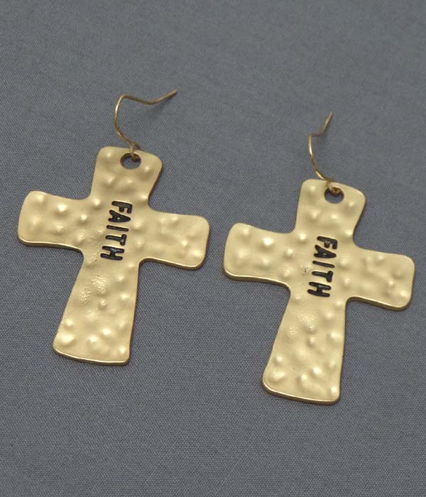 Religious inspiration hammered metal cross earring