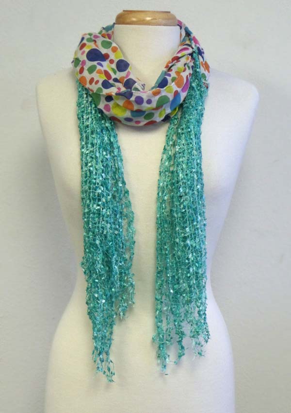 Hand knitting braided yarn and polka dot print scarf