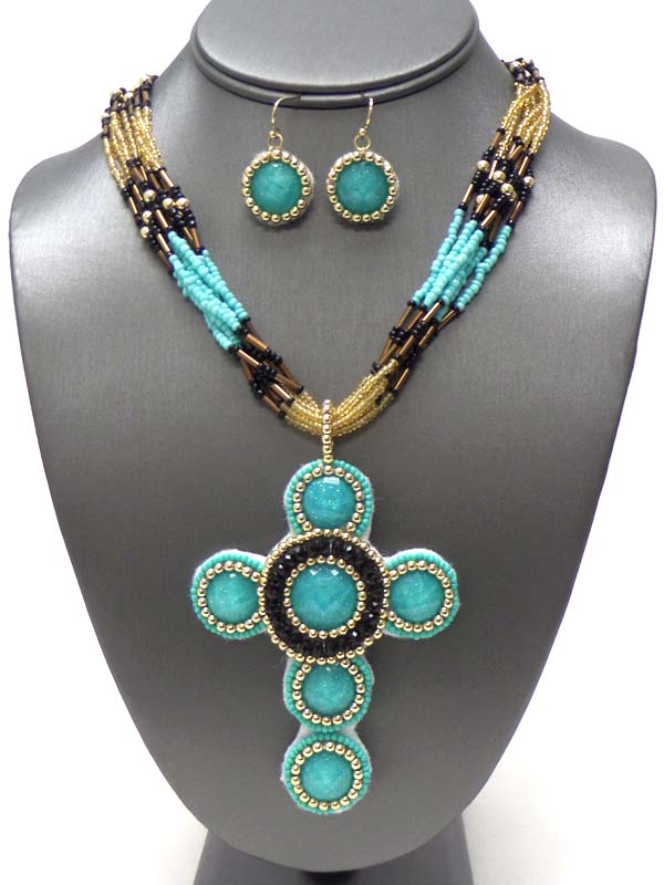 Seed bead on fabric cross pendant and multi layer seed bead chain necklace earring set