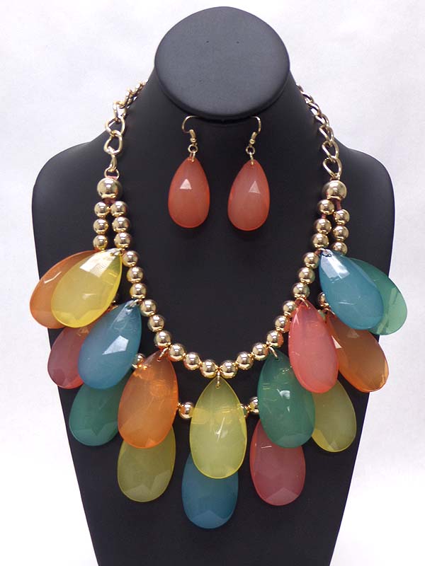Multi acrylic teardrop double layer necklace earring set