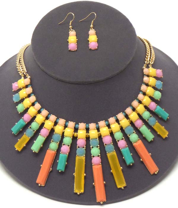 Multi acrylic bar link drop tribal style necklace earring set