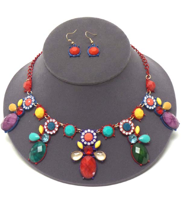 Crystal and facet stone mix flower link drop necklace earring set