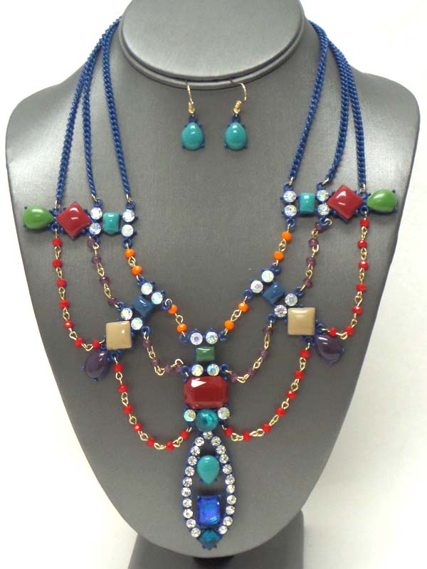 Multi crystal and triple bead chain drop link necklace earring set