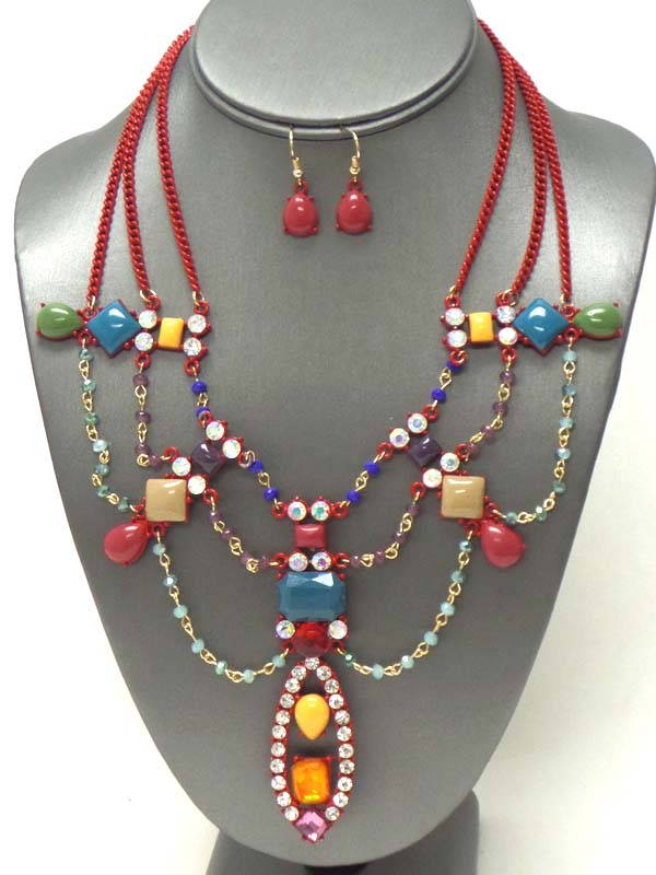 Multi crystal and triple bead chain drop link necklace earring set