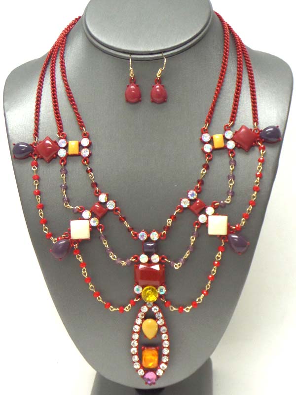 MULTI CRYSTAL AND TRIPLE BEAD CHAIN DROP LINK NECKLACE EARRING SET