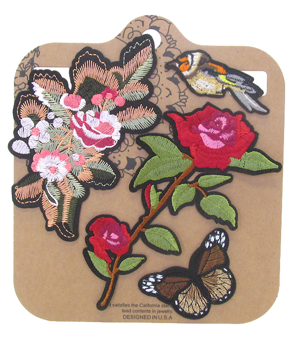 Value pack embroidered and iron on adhesive patch set - flower and bird