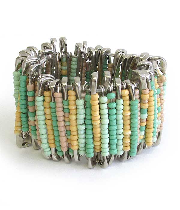 SAFETY PIN MULTI SEEDBEAD LINK STRETCH BRACELET