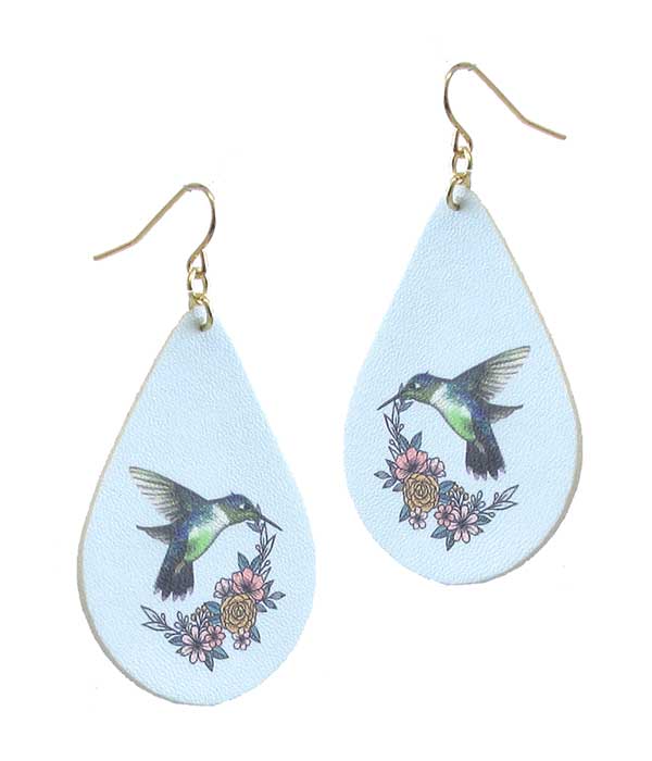 BIRD PRINT LEATHERETTE TEARDROP EARRING