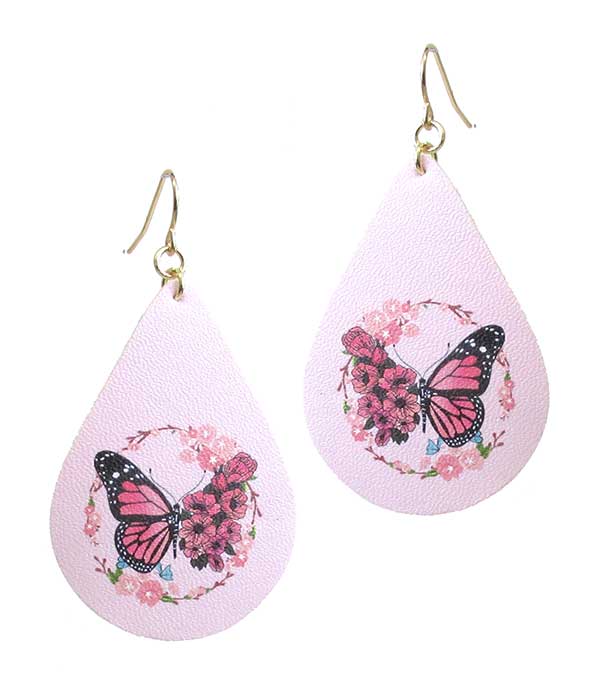 Butterfly print leatherette teardrop earring