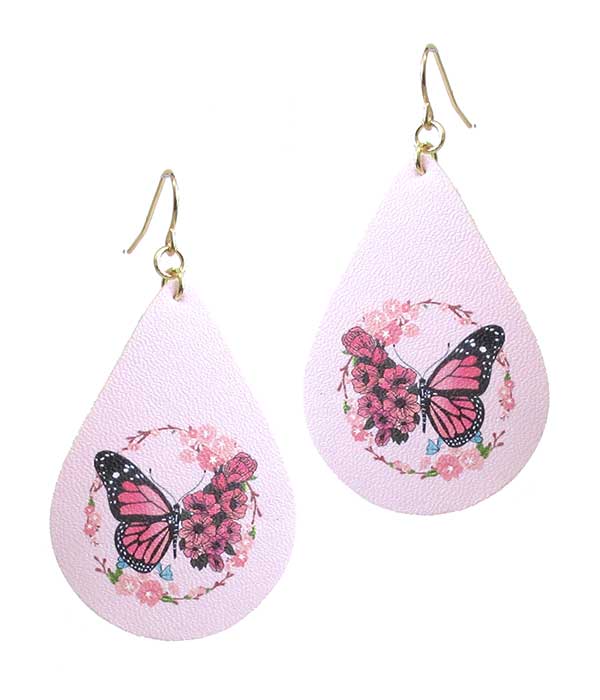 BUTTERFLY PRINT LEATHERETTE TEARDROP EARRING