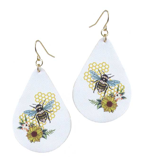 Bee print leatherette teardrop earring