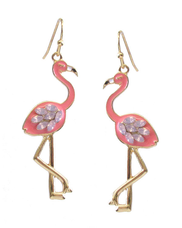 TROPICAL BIRD THEME EPOXY AND CRYSTAL FLAMINGO EARRING