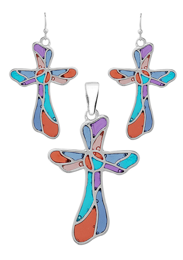 STAINED GLASS WINDOW INSPIRED MOSAIC PENDANT AND EARRING SET - CROSS
