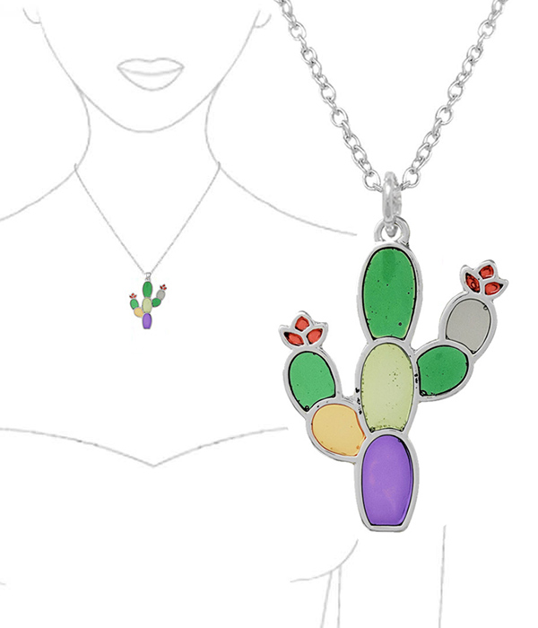 STAINED GLASS WINDOW INSPIRED MOSAIC PENDANT NECKLACE - CACTUS