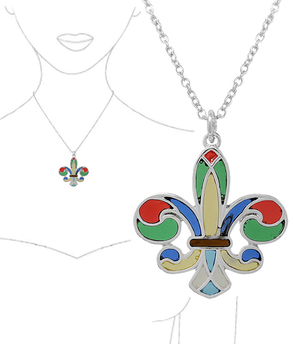 STAINED GLASS WINDOW INSPIRED MOSAIC PENDANT NECKLACE - FLEUR DE LIS