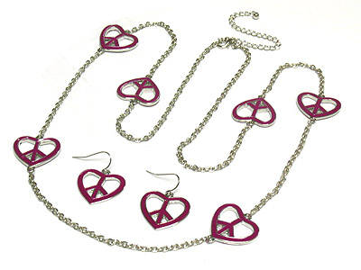 Enamel heart peace pendant long necklace and earring set