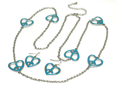 ENAMEL HEART PEACE PENDANT LONG NECKLACE AND EARRING SET 