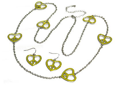 ENAMEL HEART PEACE PENDANT LONG NECKLACE AND EARRING SET 