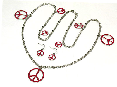 Multi enamel peace charm long necklace and earring set 