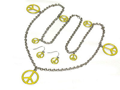 MULTI ENAMEL PEACE CHARM LONG NECKLACE AND EARRING SET 