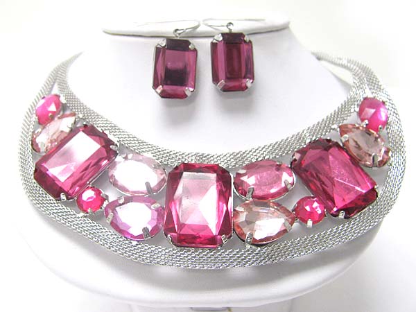 Big eye facet glass stone and dual metal tube chain necklace earring set?