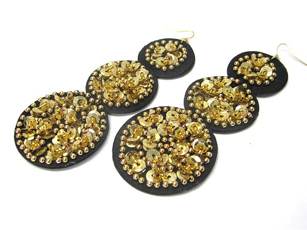 BEADS AND SEQUIN DECO TRI ROUND FABRIC DROP EARRING