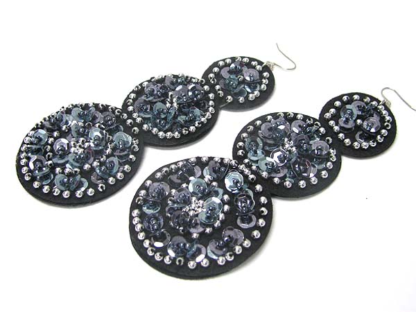 BEADS AND SEQUIN DECO TRI ROUND FABRIC DROP EARRING