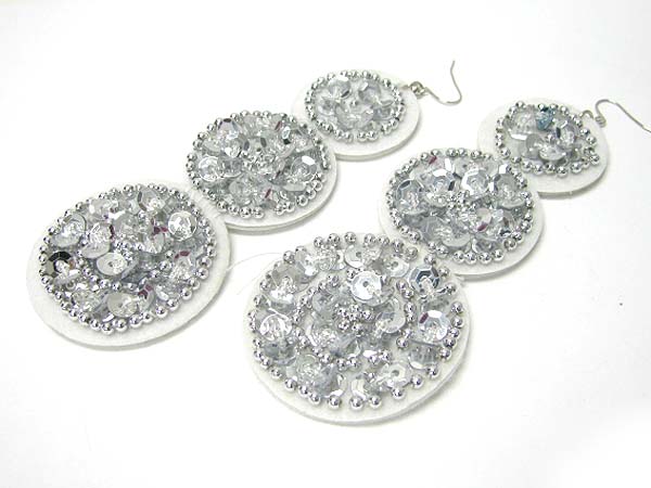 BEADS AND SEQUIN DECO TRI ROUND FABRIC DROP EARRING