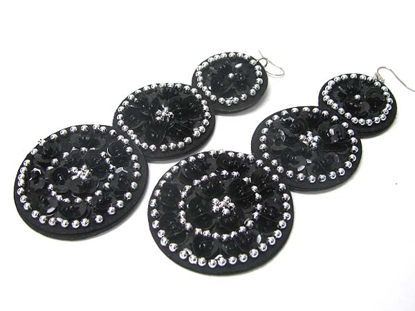 BEADS AND SEQUIN DECO TRI ROUND FABRIC DROP EARRING