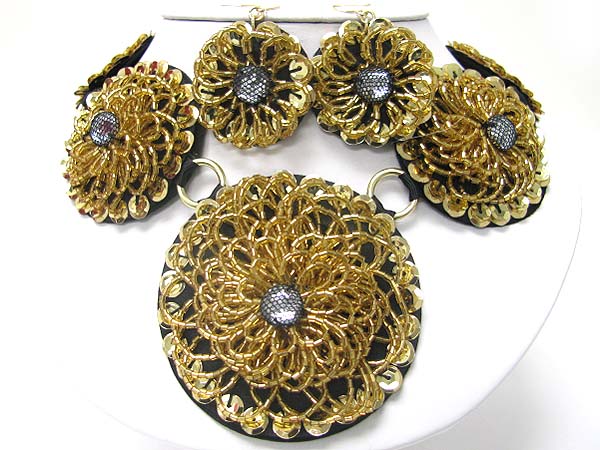 Beads and sequin deco round fabric flower link neckalce earring set