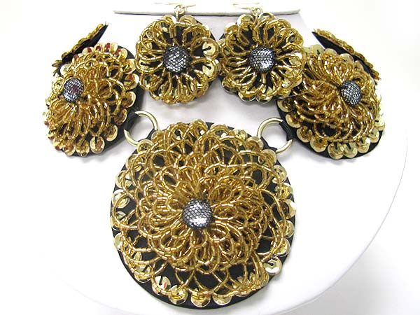 BEADS AND SEQUIN DECO ROUND FABRIC FLOWER LINK NECKALCE EARRING SET